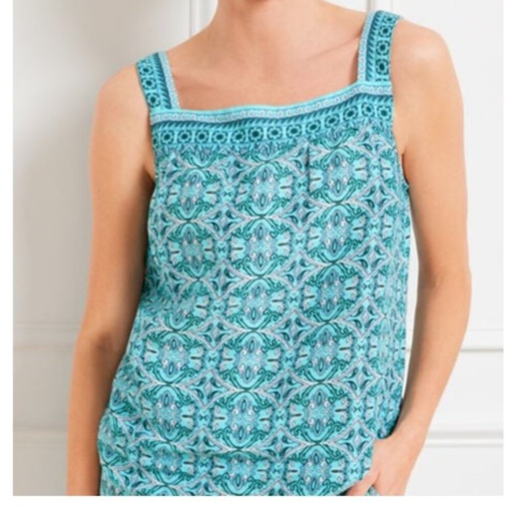 EUC Linen Square Neck Shell - Oval Medallion, sz M